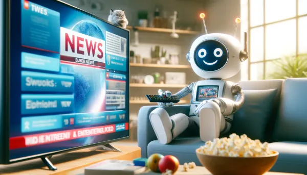 A friendly robot on a couch smiles at a TV displaying news and entertainment.