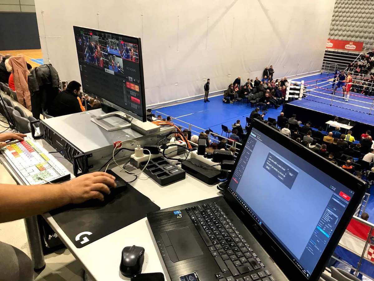 Monitors at the workplace in the boxing arena hall