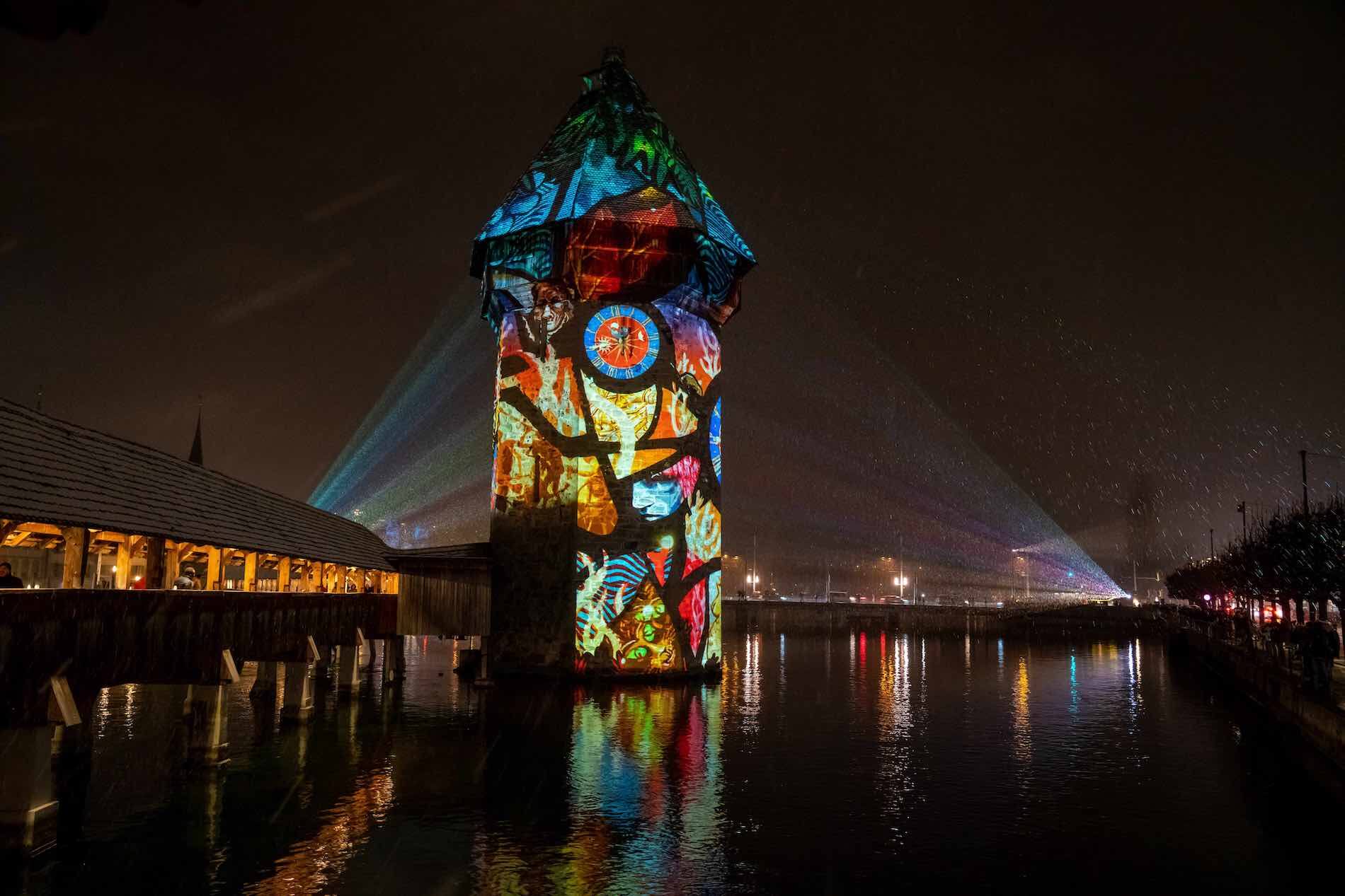 Light show on the walls of the building